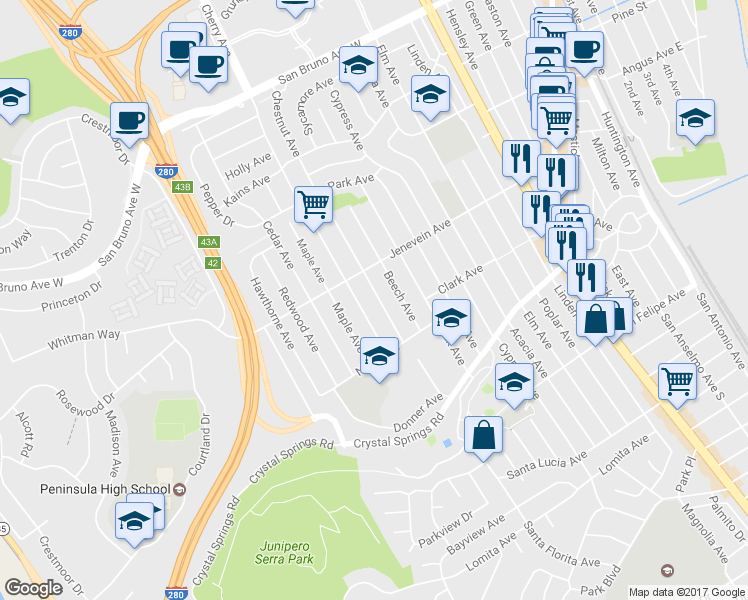 map of restaurants, bars, coffee shops, grocery stores, and more near 473 Chestnut Avenue in San Bruno