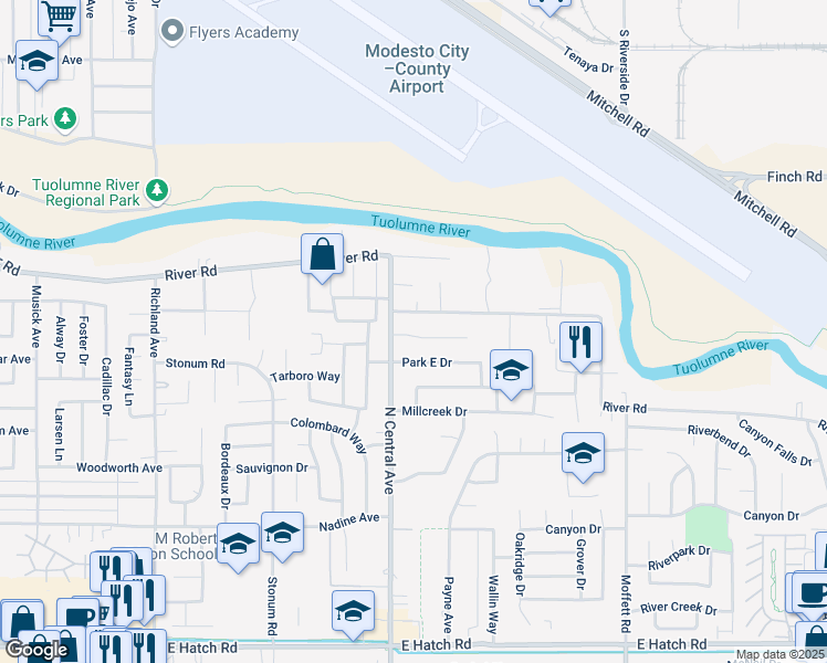 map of restaurants, bars, coffee shops, grocery stores, and more near 2204 Davis Way in Modesto