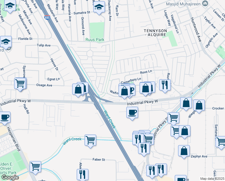 map of restaurants, bars, coffee shops, grocery stores, and more near 1844 Welford Lane in Hayward