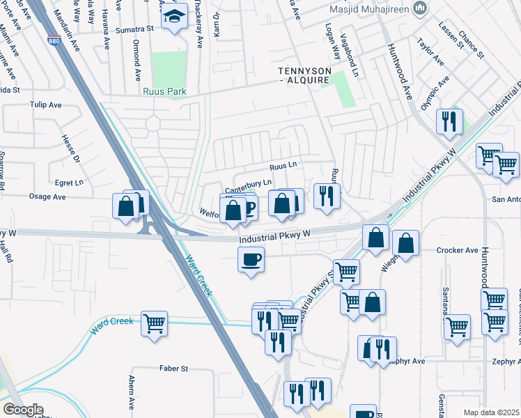 map of restaurants, bars, coffee shops, grocery stores, and more near 1669 Welford Circle in Hayward
