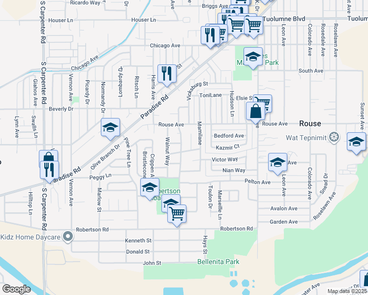 map of restaurants, bars, coffee shops, grocery stores, and more near 740 Hammond Street in Modesto