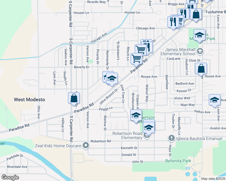 map of restaurants, bars, coffee shops, grocery stores, and more near 2028 Olive Branch Drive in Modesto