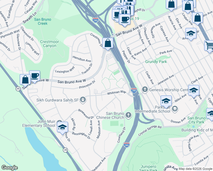 map of restaurants, bars, coffee shops, grocery stores, and more near 6145 Shelter Creek Lane in San Bruno