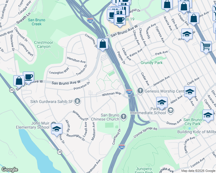 map of restaurants, bars, coffee shops, grocery stores, and more near 5123 Shelter Creek Lane in San Bruno