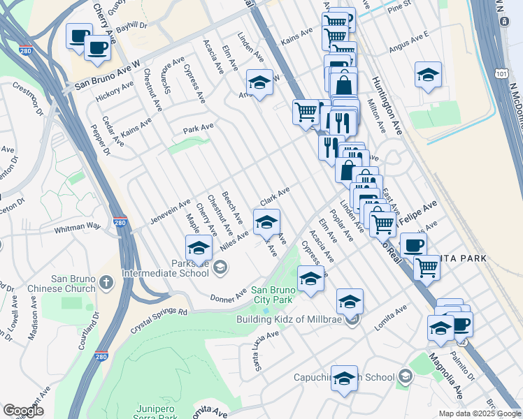 map of restaurants, bars, coffee shops, grocery stores, and more near 391 Hazel Avenue in San Bruno