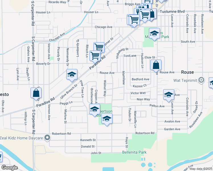 map of restaurants, bars, coffee shops, grocery stores, and more near 761 Walnut Way in Modesto
