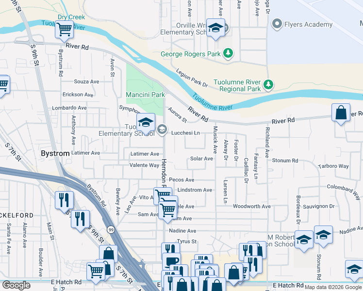 map of restaurants, bars, coffee shops, grocery stores, and more near 1400 Vlach Way in Modesto