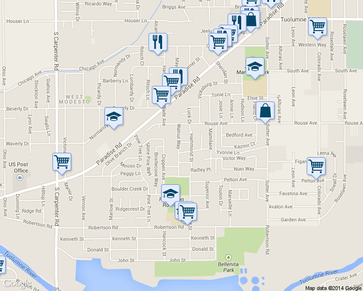 map of restaurants, bars, coffee shops, grocery stores, and more near 761 Walnut Way in Modesto
