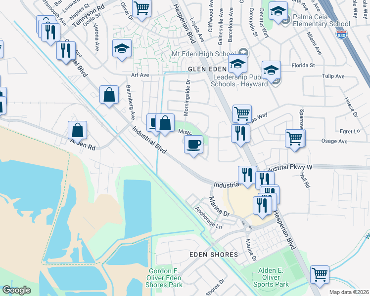 map of restaurants, bars, coffee shops, grocery stores, and more near 28306 Industrial Boulevard in Hayward
