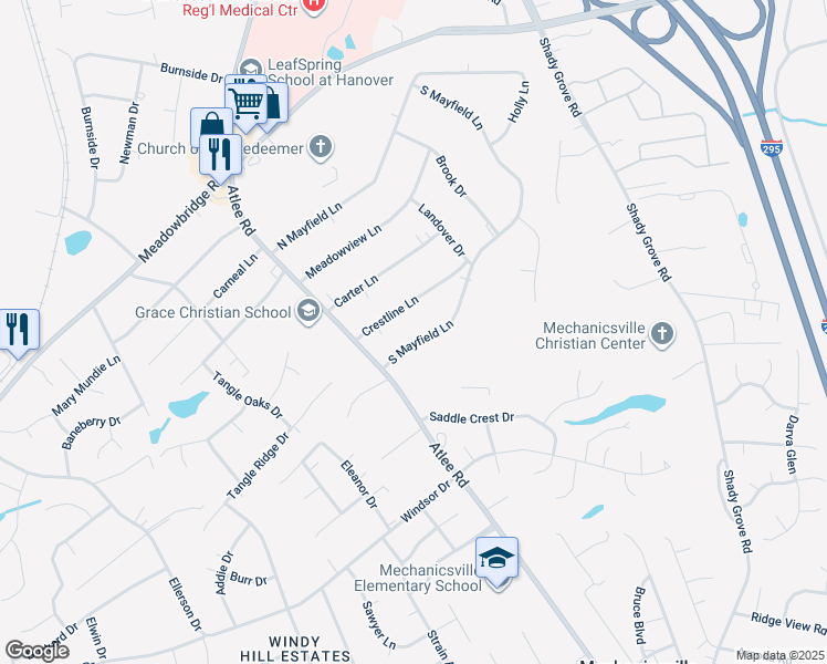 map of restaurants, bars, coffee shops, grocery stores, and more near 8049 South Mayfield Lane in Mechanicsville