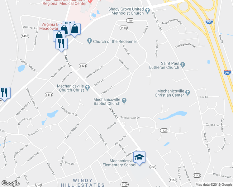 map of restaurants, bars, coffee shops, grocery stores, and more near 8049 South Mayfield Lane in Mechanicsville