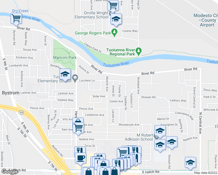 map of restaurants, bars, coffee shops, grocery stores, and more near 728 Musick Avenue in Modesto