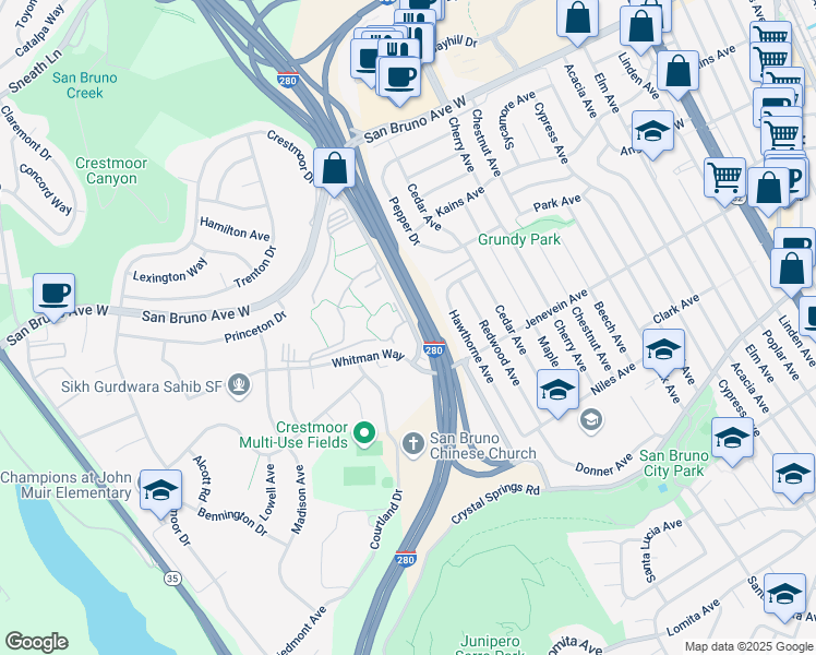 map of restaurants, bars, coffee shops, grocery stores, and more near 7213 Shelter Creek Lane in San Bruno