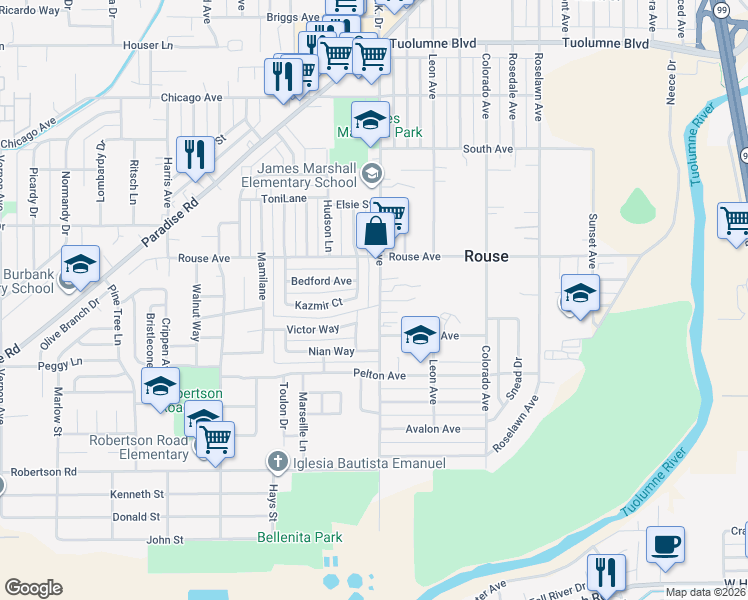 map of restaurants, bars, coffee shops, grocery stores, and more near 732 Sutter Avenue in Modesto