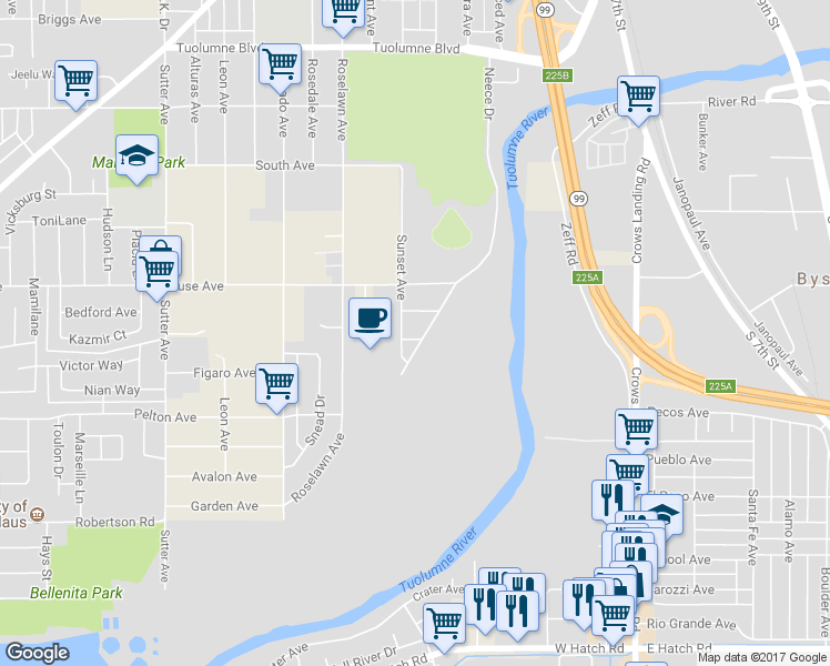 map of restaurants, bars, coffee shops, grocery stores, and more near 637 Don Street in Modesto