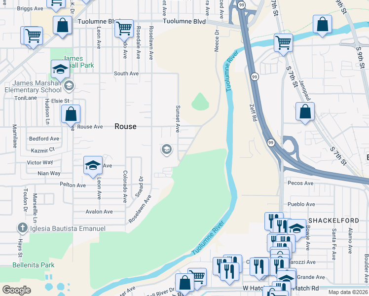 map of restaurants, bars, coffee shops, grocery stores, and more near 637 Don Street in Modesto