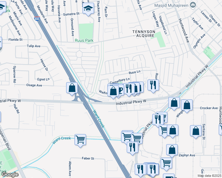 map of restaurants, bars, coffee shops, grocery stores, and more near 1503 Welford Circle in Hayward