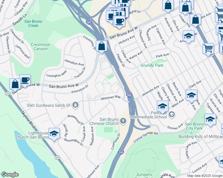 map of restaurants, bars, coffee shops, grocery stores, and more near 4359 Shelter Creek Lane in San Bruno