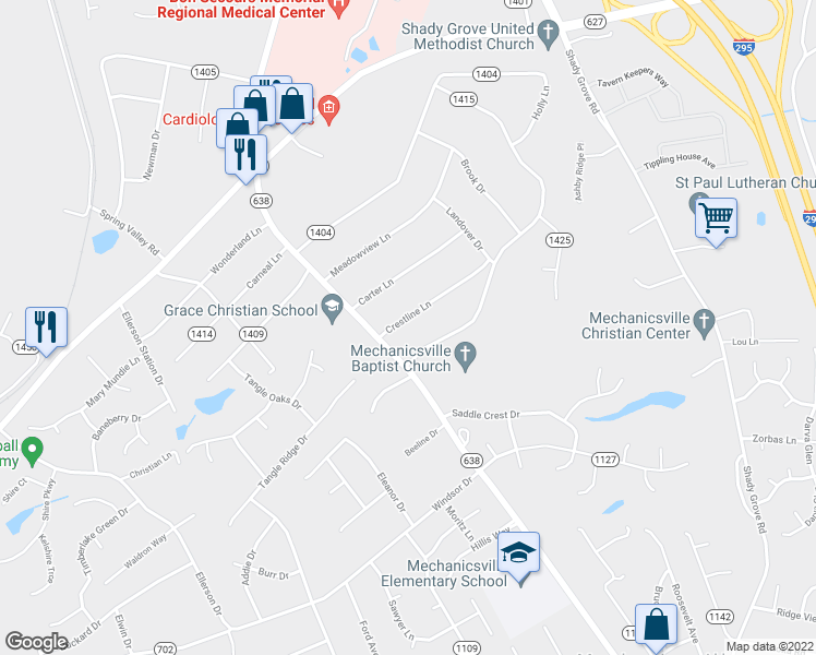 map of restaurants, bars, coffee shops, grocery stores, and more near 8195 Crestline Lane in Mechanicsville