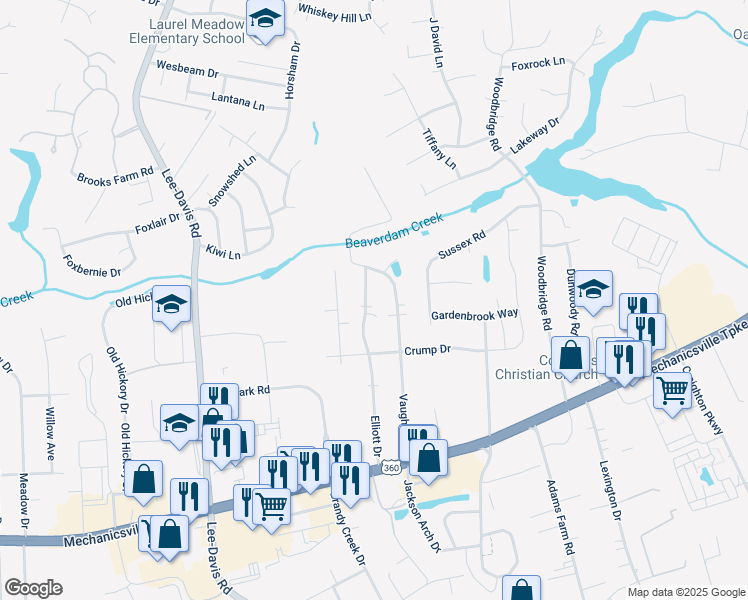 map of restaurants, bars, coffee shops, grocery stores, and more near 8054 Elliott Drive in Mechanicsville
