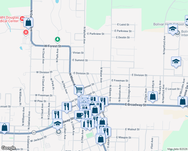 map of restaurants, bars, coffee shops, grocery stores, and more near 500-698 N Benton Ave in Bolivar