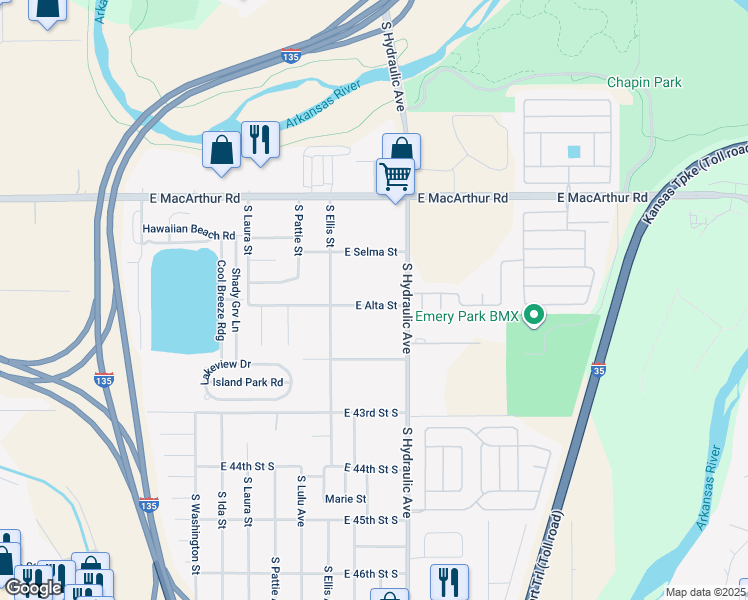 map of restaurants, bars, coffee shops, grocery stores, and more near 1620 East Alta Street in Wichita
