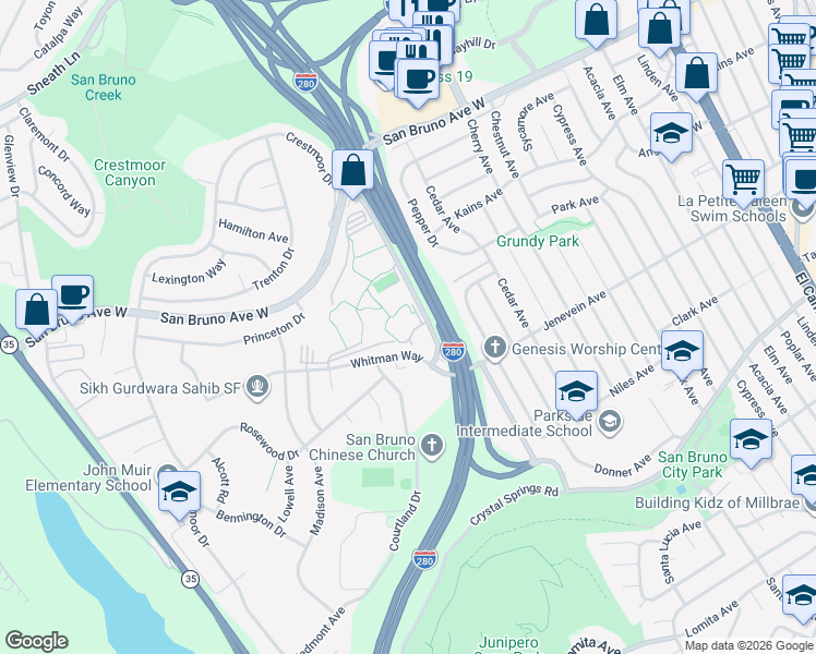 map of restaurants, bars, coffee shops, grocery stores, and more near 3 Shelter Creek Lane in San Bruno