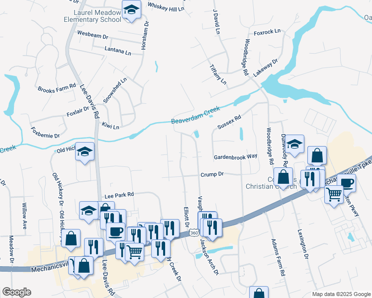 map of restaurants, bars, coffee shops, grocery stores, and more near 8054 Elliott Drive in Mechanicsville