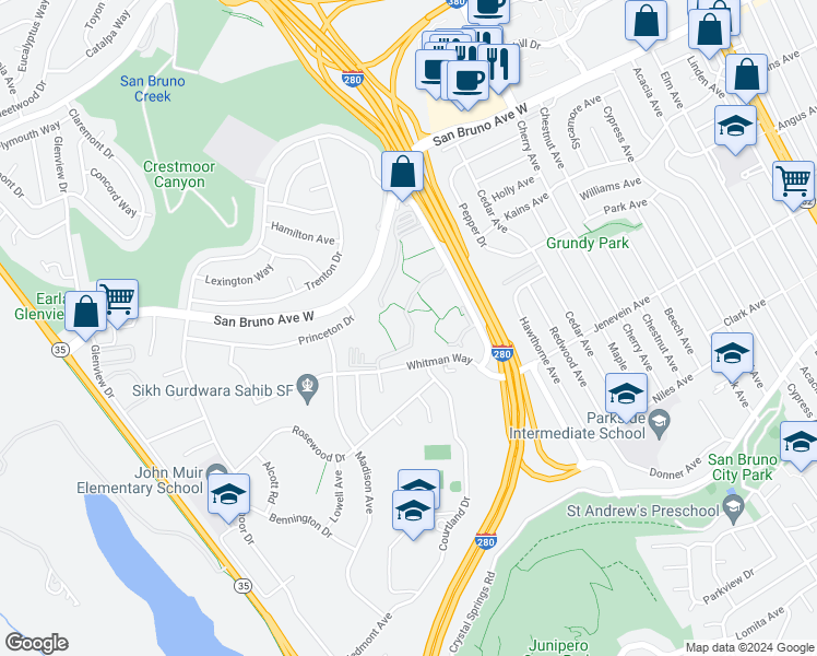 map of restaurants, bars, coffee shops, grocery stores, and more near 6357 Shelter Creek Lane in San Bruno