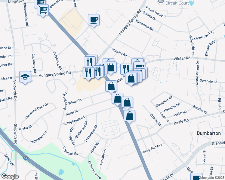 map of restaurants, bars, coffee shops, grocery stores, and more near W Broad St & Wistar St in Henrico