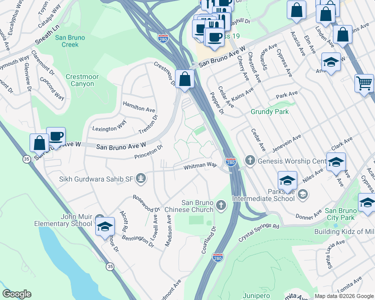 map of restaurants, bars, coffee shops, grocery stores, and more near 6357 Shelter Creek Lane in San Bruno