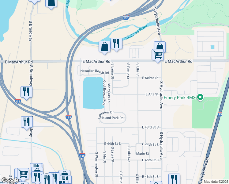 map of restaurants, bars, coffee shops, grocery stores, and more near 119 Shady Grove in Wichita