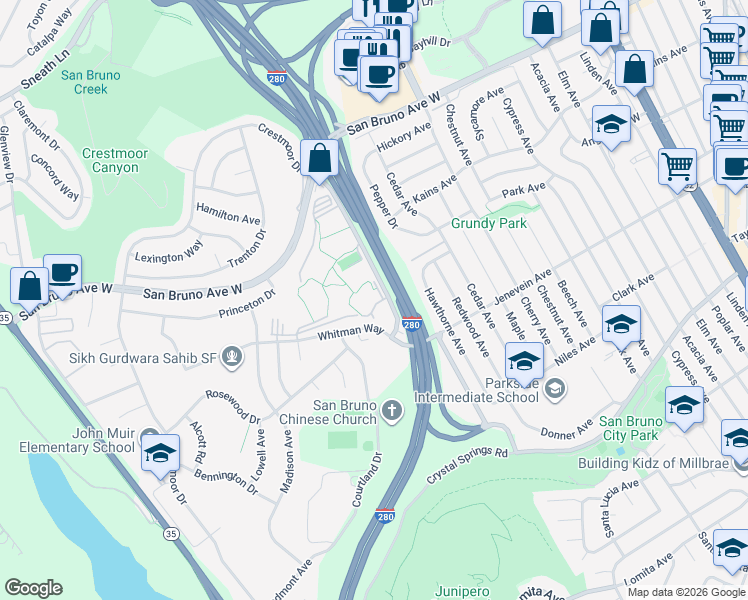 map of restaurants, bars, coffee shops, grocery stores, and more near 4333 Shelter Creek Lane in San Bruno