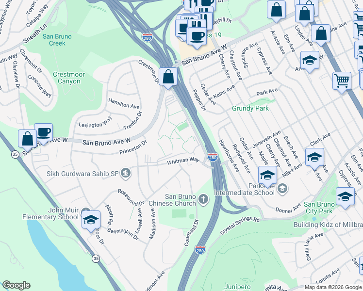 map of restaurants, bars, coffee shops, grocery stores, and more near 3 Shelter Creek Lane in San Bruno