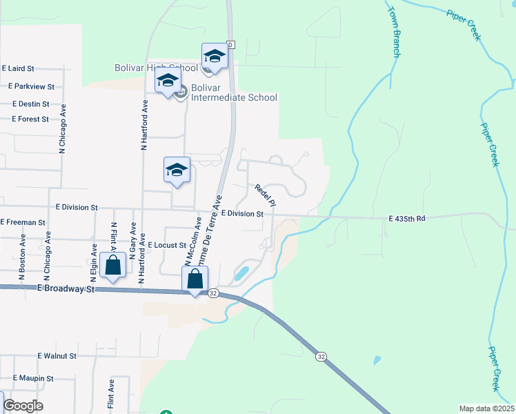 map of restaurants, bars, coffee shops, grocery stores, and more near 1900 East Division Street in Bolivar