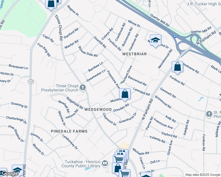 map of restaurants, bars, coffee shops, grocery stores, and more near 1900 Haviland Drive in Richmond