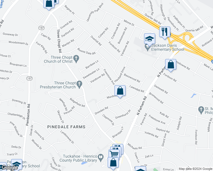 map of restaurants, bars, coffee shops, grocery stores, and more near 1900 Haviland Drive in Richmond