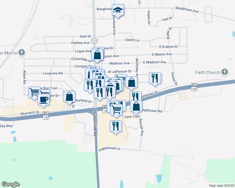 map of restaurants, bars, coffee shops, grocery stores, and more near 1560 Hustonville Road in Danville