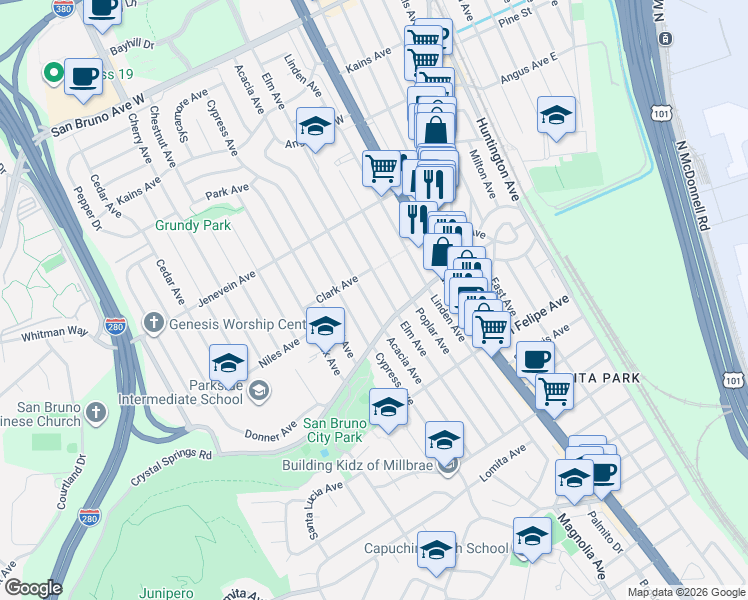 map of restaurants, bars, coffee shops, grocery stores, and more near 372 Elm Avenue in San Bruno
