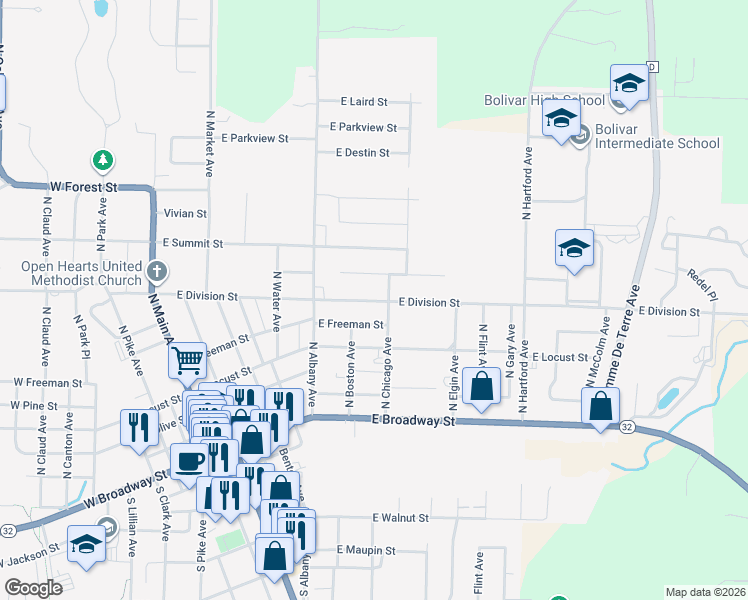 map of restaurants, bars, coffee shops, grocery stores, and more near 718 East Lindon Street in Bolivar