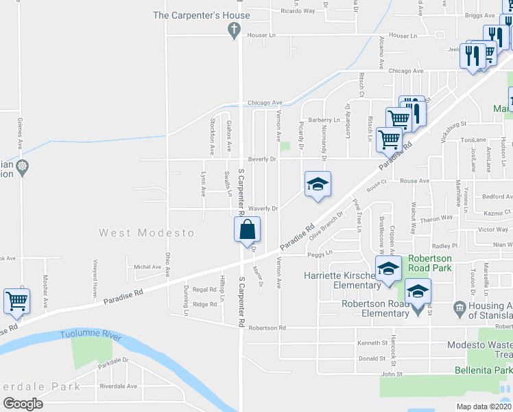 map of restaurants, bars, coffee shops, grocery stores, and more near 1427 Waverly Drive in Modesto