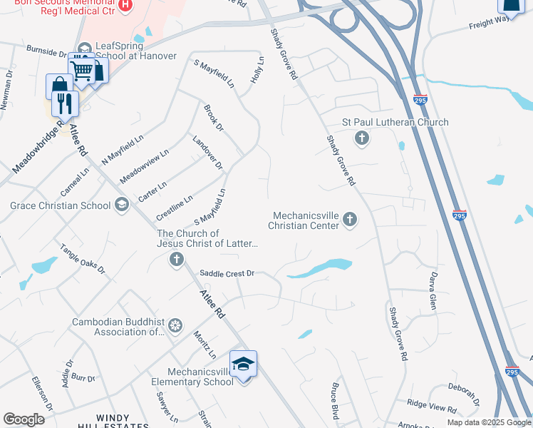 map of restaurants, bars, coffee shops, grocery stores, and more near 8059 Glenbrook Drive in Mechanicsville