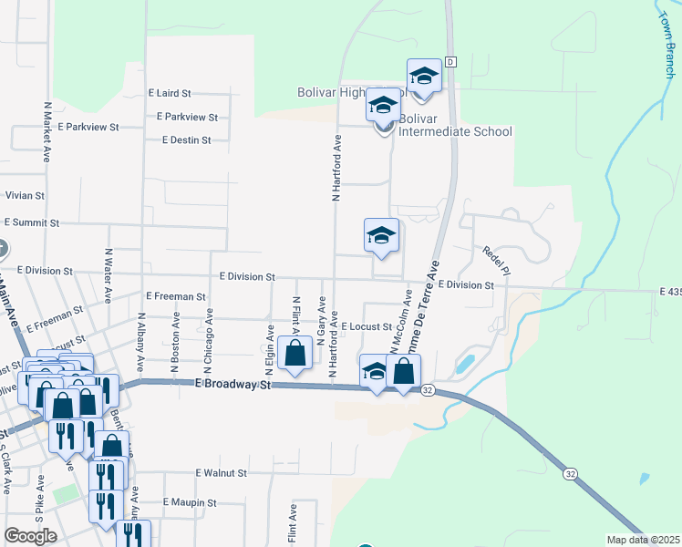 map of restaurants, bars, coffee shops, grocery stores, and more near 1301-1417 E Lindon St in Bolivar