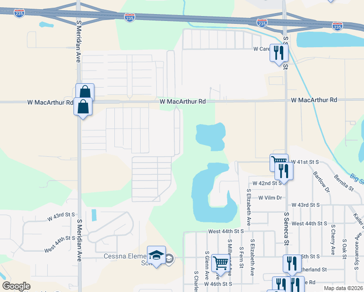 map of restaurants, bars, coffee shops, grocery stores, and more near 1915 West Macarthur Road in Wichita