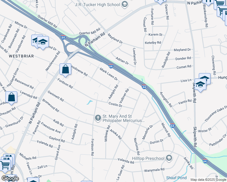 map of restaurants, bars, coffee shops, grocery stores, and more near 7468 Lansdowne Road in Henrico