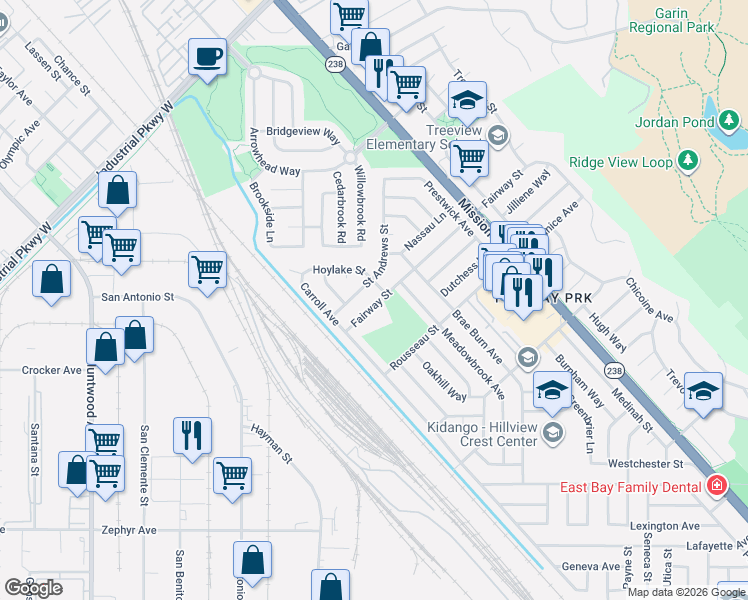 map of restaurants, bars, coffee shops, grocery stores, and more near 190 Saint Andrews Street in Hayward