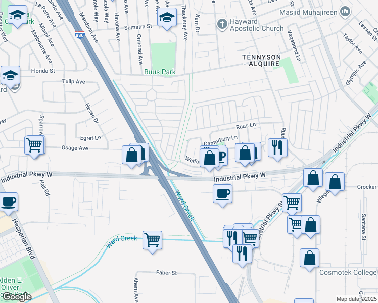 map of restaurants, bars, coffee shops, grocery stores, and more near 29018 Rosecliff Lane in Hayward
