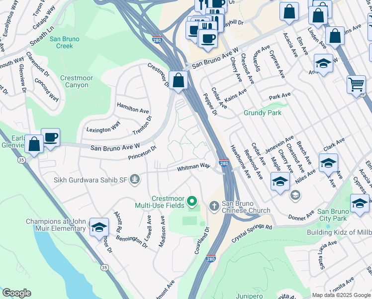 map of restaurants, bars, coffee shops, grocery stores, and more near 2215 Shelter Creek Lane in San Bruno