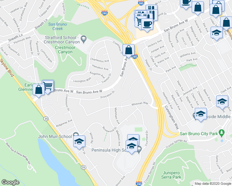map of restaurants, bars, coffee shops, grocery stores, and more near 8129 Shelter Creek Lane in San Bruno