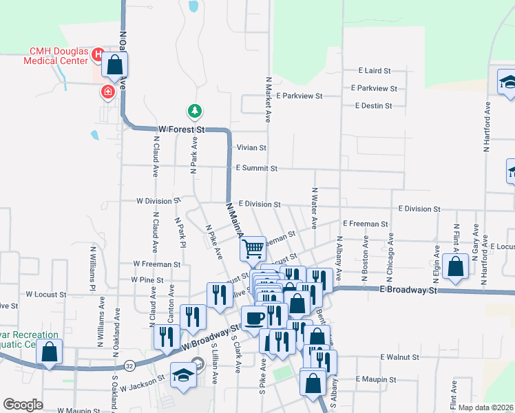 map of restaurants, bars, coffee shops, grocery stores, and more near 701-899 N Market Ave in Bolivar